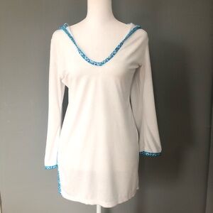 NWT Helen Jon White Hooded Terry Beach Pool Cover-Up XS Tunic with Blue Accents